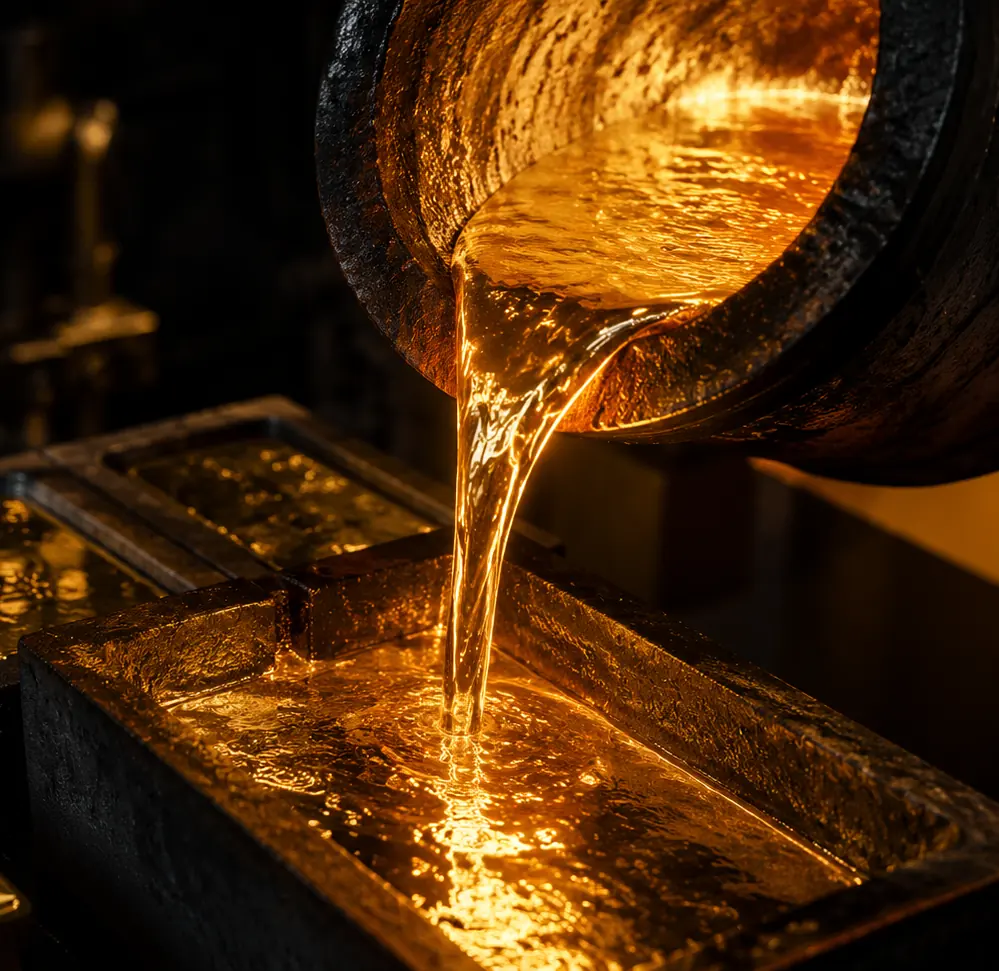 Molten gold being poured into ingot moulds.